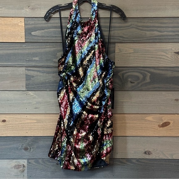 NWT Ronny Kobo Jo Gold Multicolor Sequin halter cocktail mini dress Size 12 $698 - Picture 4 of 7
